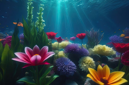 Beautiful background with flowers under water. Beautiful floating vanilla flower underwater with splash und bubbles, pastel blue colors.の写真素材
