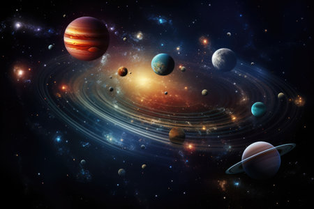 Abstract space background with planets and solar system. Fantastic multicolored outer space with stars, galaxies, planets and nebulae.の写真素材