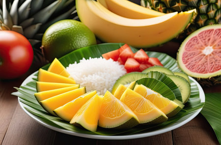 Assortment of colorful ripe tropical fruits. Organic and healthy food. Bowl with tropical food and rice. Fruity drinks. Summer food concept.の写真素材