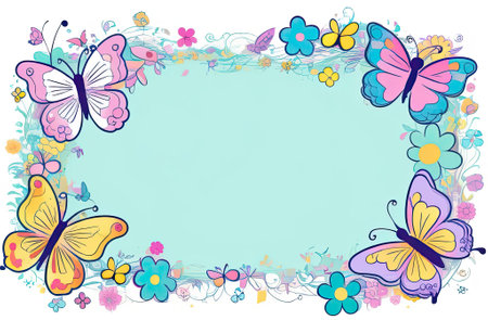 Illustration of pastel colors frame with free place for text made from lot of spring butterflies. Greeting card for spring holidays. Template for Birthday, Women's Day, Mother's Day. Floral picture.の写真素材