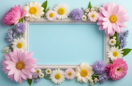 Pastel colors frame with free place for text made from lot of spring flowers. Greeting card for...