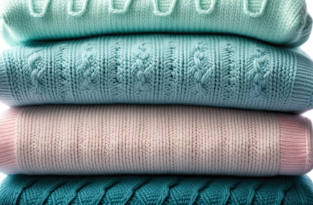 Close Up image of stack of some knitted sweaters. Macrophotography. Autumn and winter clothes. Cozy...