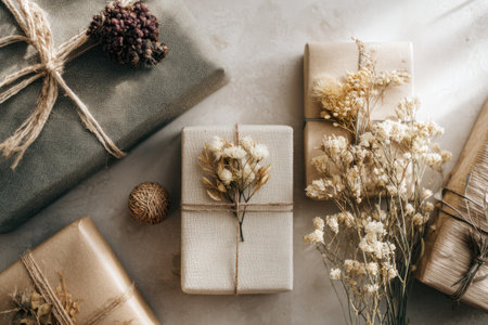 A charming display of gift boxes wrapped in natural materials, adorned with dried flowers, and set...