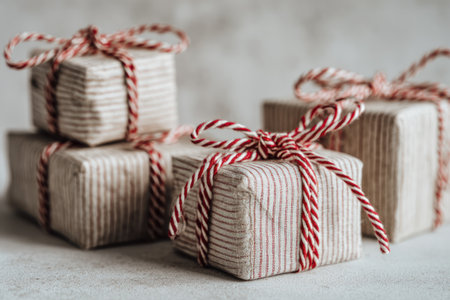Handmade paper-wrapped gifts tied with red and white striped twine are displayed on a neutral...