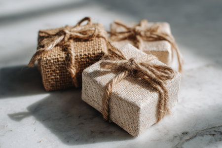 The image features three eco-friendly gift boxes wrapped in burlap fabric and tied with simple...