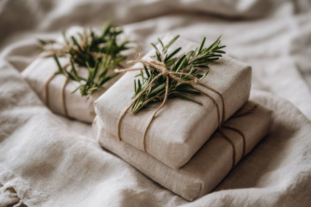Eco-friendly gifts wrapped in natural fabric with greenery and twine represent sustainability. Soft...