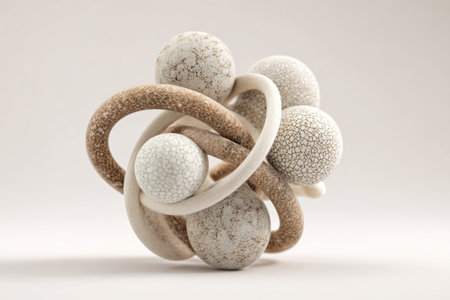 A modern abstract sculpture combining intertwined rings and textured spheres in neutral tones...