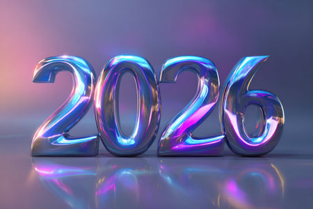 Shiny metallic-rendered numeric symbols forming the year 2026 sit against a neon-hued gradient...
