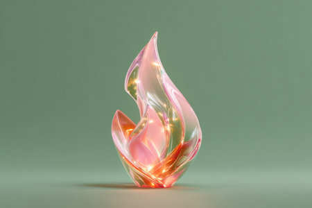 A modern abstract glass sculpture designed with vivid colors and illuminated accents, placed against a green backdrop. This artistic piece embodies creativity, elegance, and innovation, ideal for modern interior design or artistic visual concepts.の写真素材