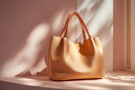 Beige leather handbag highlighted against a pink background, illuminated by natural sunlight, emphasizing its elegant and minimalist design. Perfect for showcasing luxury fashion goods, advertising, or online shopping catalogs.の写真素材