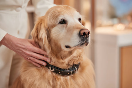 A serene golden retriever is depicted indoors, gazing attentively, showing its elegant and friendly demeanor. The image highlights the bond between pets and humans in a cozy interior setting, ideal for animal-related themes.の写真素材