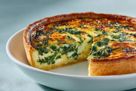 A rich spinach and cheese quiche sits on a white plate, its glossy golden crust and savory filling glowing with wilted greens. The close-up captures textures of creamy custard and crisp edges, making it ideal for bakery, cafe menus, cooking blogs, and food advertising.の写真素材