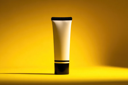 A vibrant and sleek yellow tube of lotion or cream, set against a monochromatic yellow backdrop. This minimalist image highlights elegance and modern product design, ideal for beauty and cosmetic themes.の写真素材