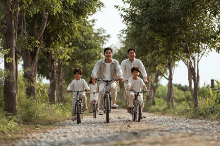 A happy family of four rides together on bicycles along a gravel path shaded by tall trees. The parents lead while two children pedal beside them, all dressed in light, neutral tones. This warm, candid scene conveys togetherness, outdoor activity, and healthy living, ideal for family, lifestyle, or travel projects.の写真素材