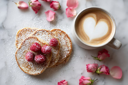 A warm, inviting breakfast setup featuring a stack of dusted pancakes topped with raspberries beside...
