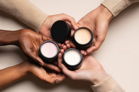 A high-angle image captures a diverse group of hands cradling four open cosmetic powder jars in...