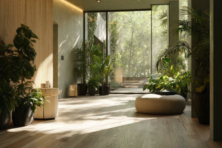Bright, serene indoor space with tall plants, soft seating, and natural light streaming through...