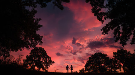 A romantic silhouette of a couple holding hands at sunset, framed by trees with a vivid pink and...