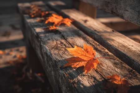 Warm, rustic scene of a lone maple leaf on a weathered bench, bathed in late-day light. The rough...