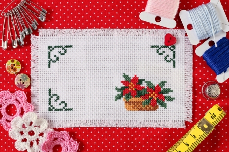 Frame made ââof white canvas with a red background in the Christmas styleの写真素材