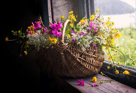Armfuls  wildflowers in a basket on an old window sill.の写真素材