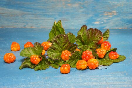 Orange ripe cloudberry on blue table