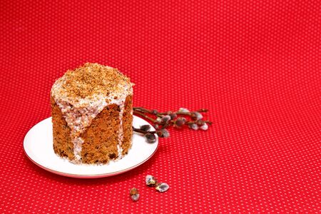 Easter cake on a red cloth background