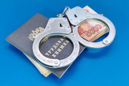 Labor book, handcuffs and money. Responsibility for violation of labor laws. Russian translation: Labor bookの写真素材