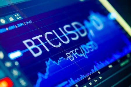 Data analyzing in exchange stock market: the charts and quotes on display. Analytics pair BTC-USD...