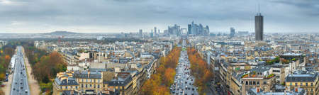 Panoramic view of Paris from the Arc de Triomphe. Autumn. Rain. Sun.