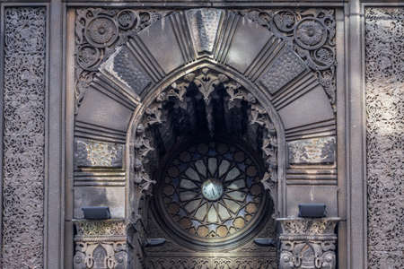 The facade decorations of the House of the actor, the former Karaite kenasa architect Vladislav Horodetsky 1902 built in the Moorish style on st.Yaroslaviv Val  Kyiv, Ukraine Mar. 6, 2019のeditorial素材