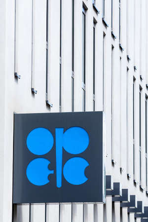 VIENNA - JULY 22: Fragments of facade and logo OPEC on the Building Organization of the Petroleum Exporting Countries on July 22, 2012 on Helferstorferstrasse 17 in Vienna, Austria.のeditorial素材