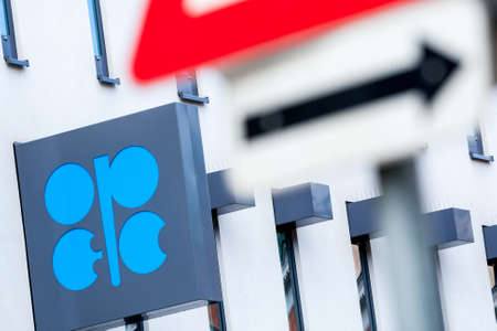 VIENNA - JULY 22: Fragments of facade and logo OPEC on the Building Organization of the Petroleum Exporting Countries on July 22, 2012 on Helferstorferstrasse 17 in Vienna, Austria.のeditorial素材