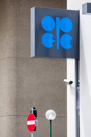 VIENNA - JULY 22: Fragments of facade and logo OPEC on the Building Organization of the Petroleum Exporting Countries on July 22, 2012 on Helferstorferstrasse 17 in Vienna, Austria.のeditorial素材