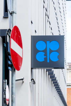 VIENNA - JULY 22: Fragments of facade and logo OPEC on the Building Organization of the Petroleum Exporting Countries on July 22, 2012 on Helferstorferstrasse 17 in Vienna, Austria.のeditorial素材