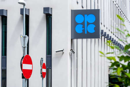 VIENNA - JULY 22: Fragments of facade and logo OPEC on the Building Organization of the Petroleum Exporting Countries on July 22, 2012 on Helferstorferstrasse 17 in Vienna, Austria.のeditorial素材