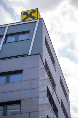 VIENNA, AUSTRIA - MAY 25: Logo on facade of Raiffeisen Bank International AG building in Vienna, am Stadtpark 9 on May 25, 2019.のeditorial素材