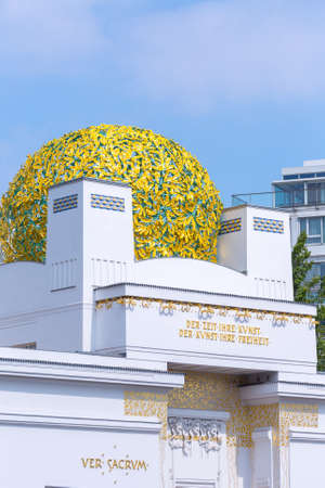 Vienna, Austria, 31 JUL 2019: 3000 gilt laurel leaves on the golden dome Secession Building, was...