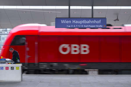 VIENNA, AUSTRIA - MAY 27: The sign board of Wien Hauptbahnhof on the main railway station of Vienna (Wien Hauptbahnhof) Austrian railways (OBB), in Vienna, Austria, on May 27, 2019.のeditorial素材