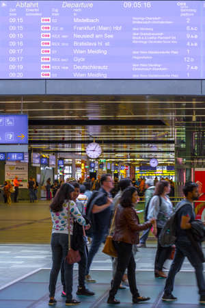 VIENNA, AUSTRIA - MAY 27: The passengers and passersby in the the interior of main railway station of Vienna (Wien Hauptbahnhof) Austrian railways (OBB), in Vienna, Austria, on May 27, 2019.のeditorial素材