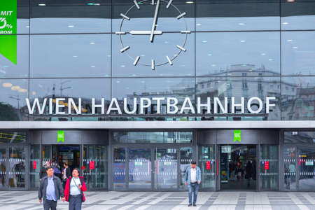 VIENNA, AUSTRIA - MAY 27: The passengers and passersby near the main railway station of Vienna (Wien Hauptbahnhof) Austrian railways (OBB) in Vienna, Austria, on May 27, 2019.のeditorial素材