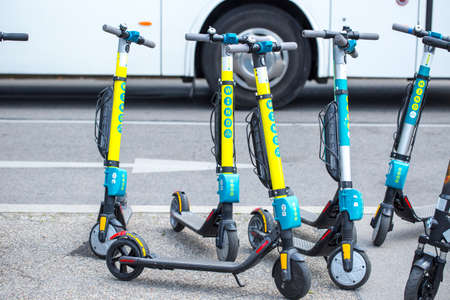 VIENNA, AUSTRIA - MAY 26: Modern city transport - rent electric scooters by Wind, Tier and Flash is...