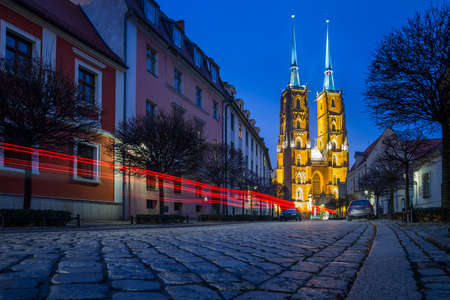 famous old island Tumski with cathedral of St. John at dusk. Wroclaw, Poland, EU. A long time...