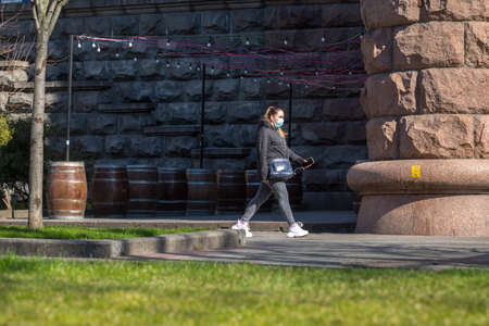 KYIV, UKRAINE - MAR 25, 2020: Usually very crowded, and almost empty now, the streets and squares of...