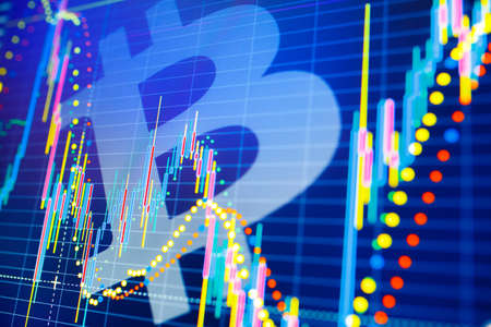 Data analyzing in exchange stock market: the candle chars on display. Classic BTC/Bitcoin volatility...