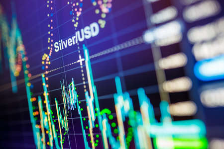 Data analyzing in commodities metal market: the charts and quotes on display. Silver price analysis. Classic silver volatility against the US dollar.の写真素材