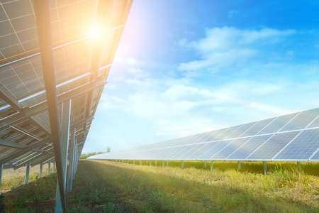 Solar panels, photovoltaic, alternative source environmentally friendly energy. In the backlight sunbeam light.の写真素材