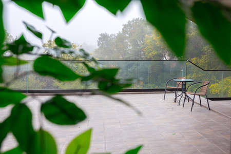 Autumn fog in the old majestic park. Colorful leaves on the trees. Glass panels on the edge of the...