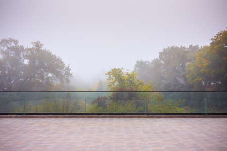Autumn fog in the old majestic park. Colorful leaves on the trees. Glass panels on the edge of the terrace. Outdoor summer terrace.の写真素材