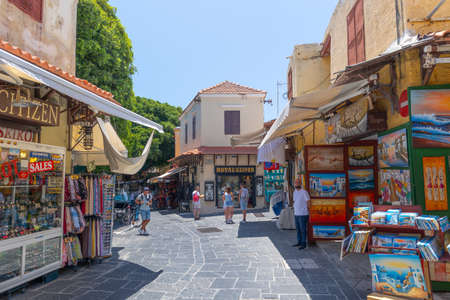 Rhodes, Greece - June 28, 2021: sightseeing place at hot summer sunshine afternoon. Socrates str in...